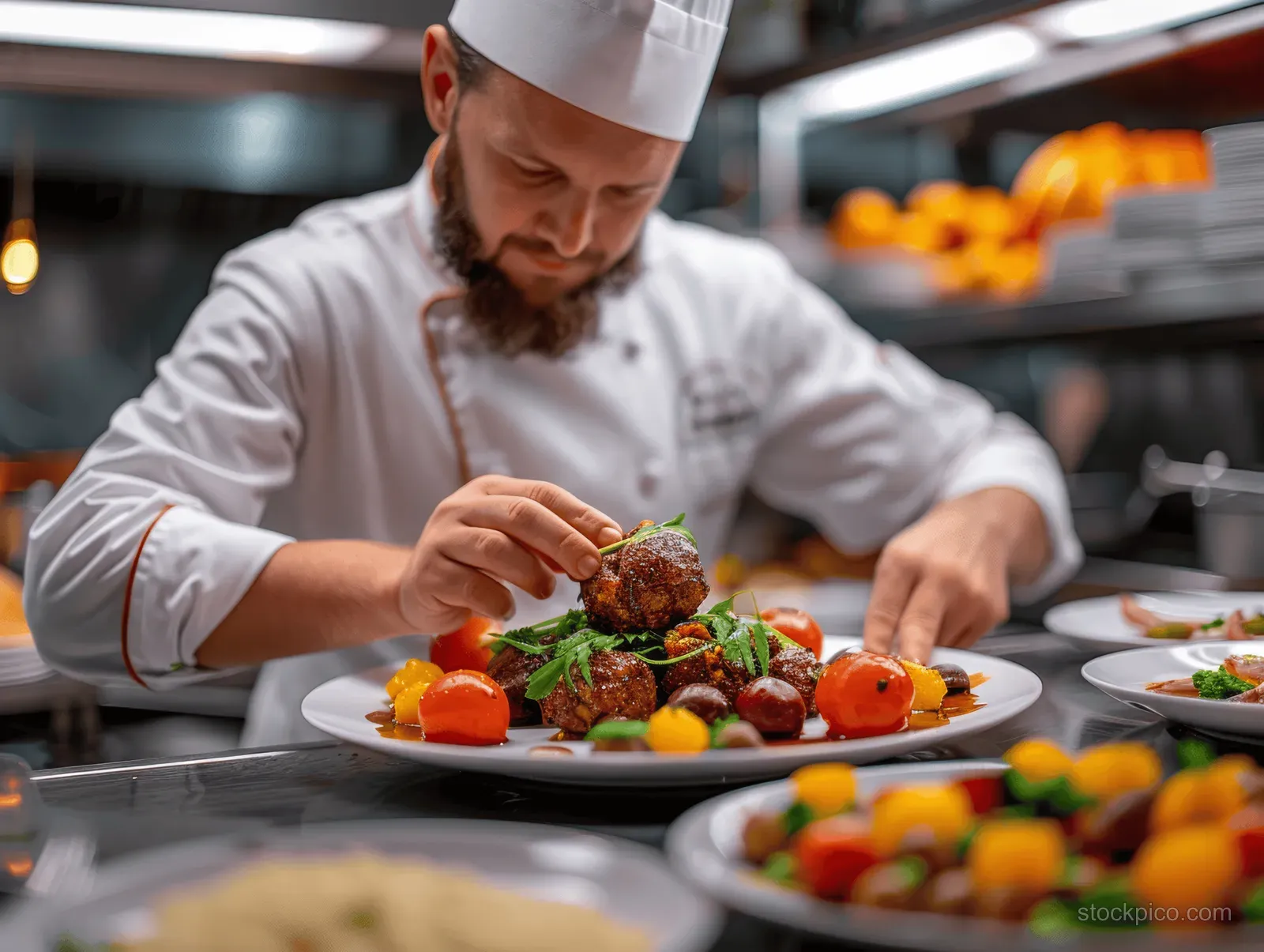 Chef’s hands plate a gourmet dish with herbs and cherry tomatoes on a white plate in a restaurant kitchen.