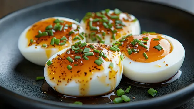 Halved soft-boiled eggs on a dark plate with chives, pepper, and a light sauce drizzle.