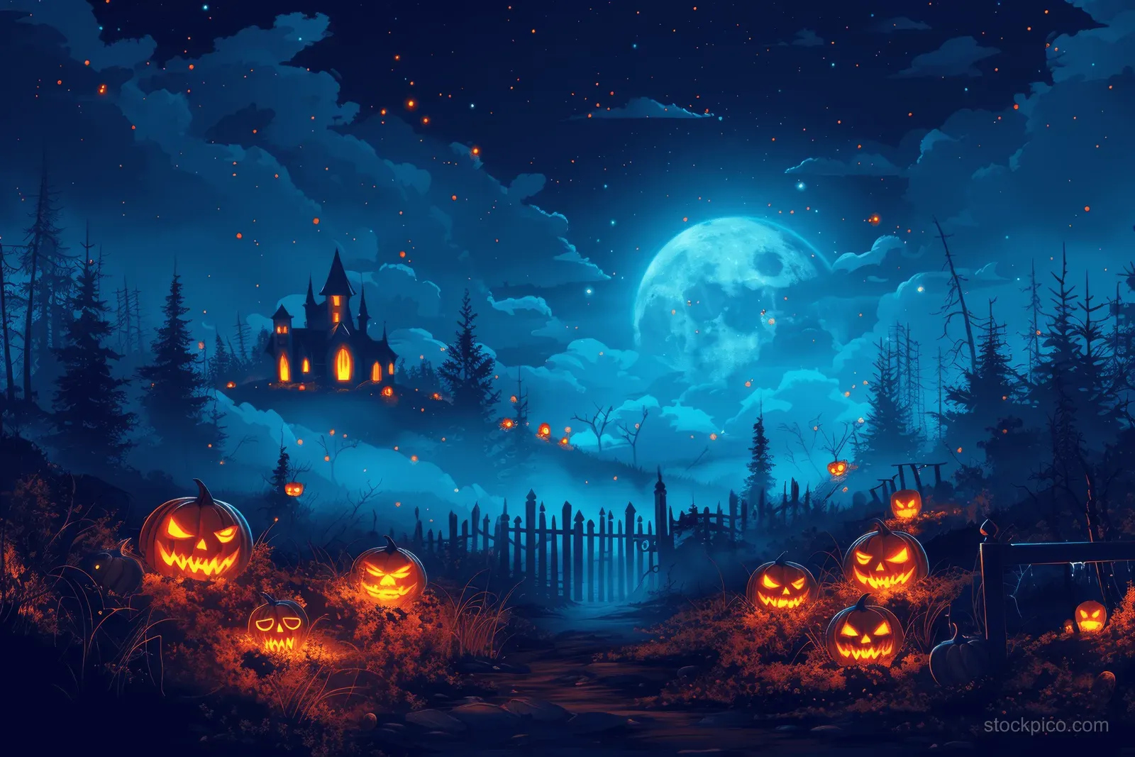 Jack-o-lanterns glow along a misty haunted path with a fenced yard, dark trees, and a bright full moon overhead.