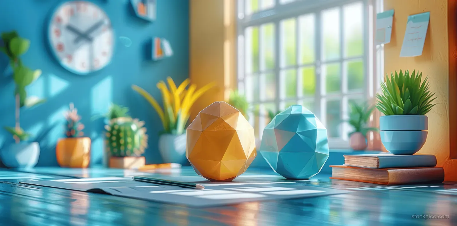 Geometric learning objects sit on a desk beside books, plants, and a sunlit window.
