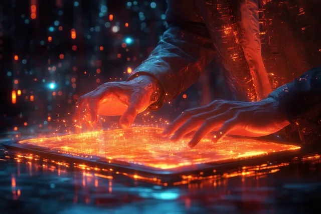 Futuristic desk manager taps glowing holographic document tablet with electronic signature approval