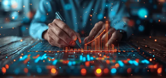 Businessman sketching upward arrows on a glowing finance chart screen