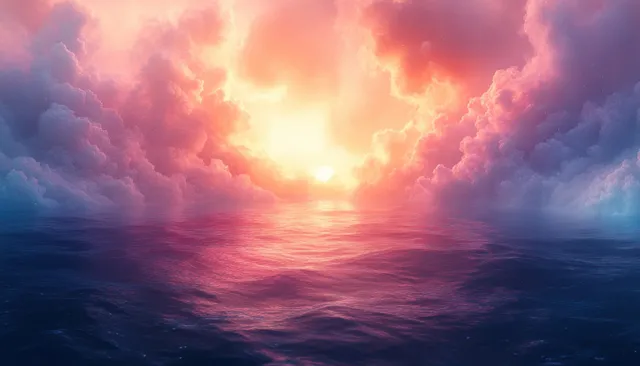 Dreamy cosmic horizon with glowing light rays over ocean, soft gradient clouds and haze