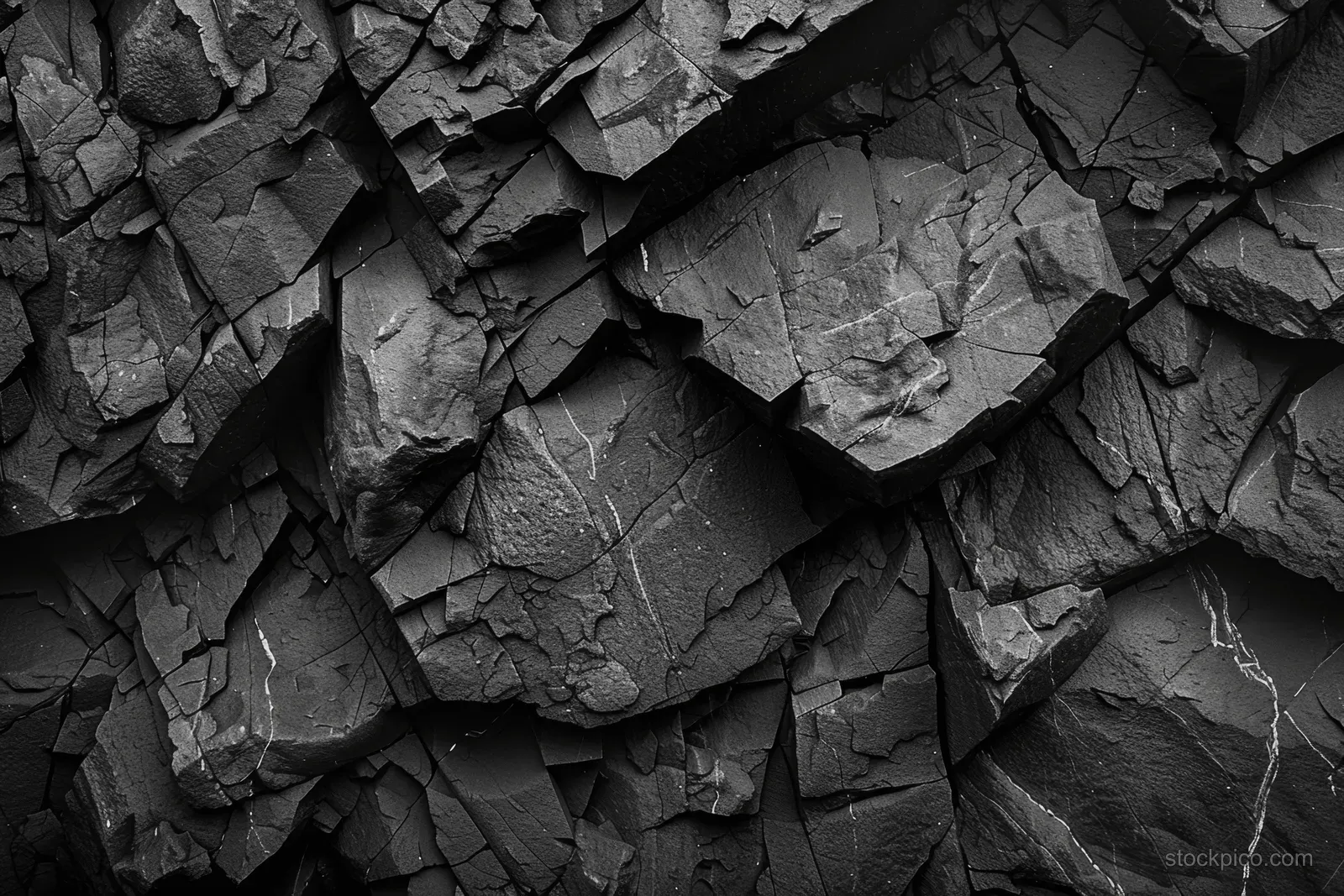 Close-up of a dark gray basalt rock wall with cracked fractured stone slabs and deep shadowed seams.