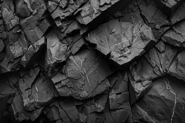 Dark basalt rock wall with cracked fractured stone surface, close-up macro texture