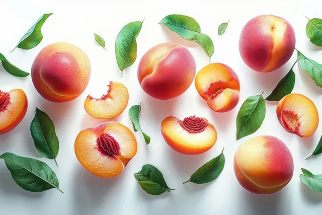Whole and sliced peaches with green leaves are scattered on a white background.