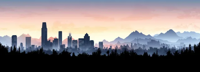 Milan skyline silhouette over misty mountains at dawn, flat vector landscape background
