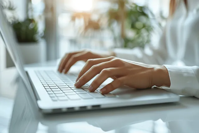 Hands typing on a laptop keyboard on a white office desk with sunlight and a blurred window view.