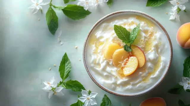 Creamy yogurt bowl topped with peach slices, honey drizzle, and mint leaves with white flowers around it.
