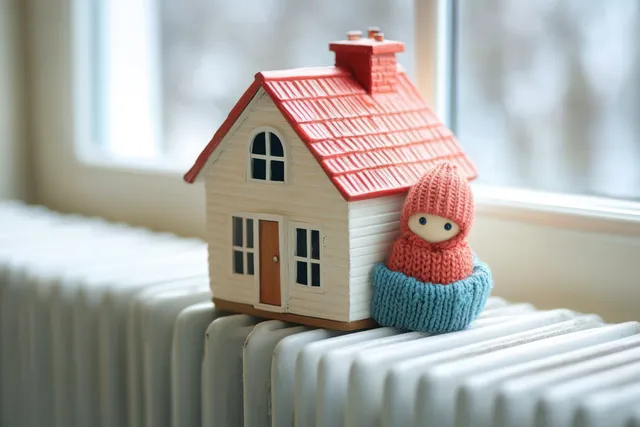 A tiny red-roof model house and a knitted doll in hat and scarf sit on a white radiator by a cold window.