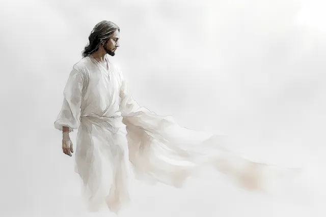 Watercolor portrait of Jesus Christ standing in flowing white fabric and gentle light