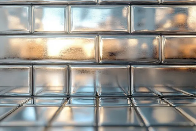 Glossy rectangular tiles arranged in a subway grid reflect warm and cool light across their metallic surface.