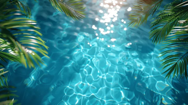 Top-down view of clear blue pool water with palm frond shadows and sunlit ripples.