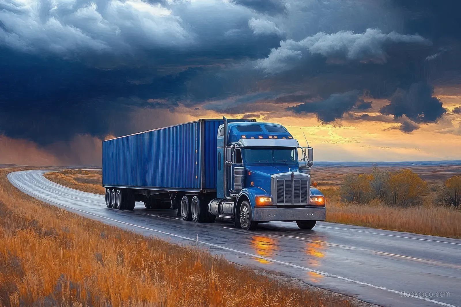 Blue semi truck driving on a wet highway beneath dark storm clouds at sunset.