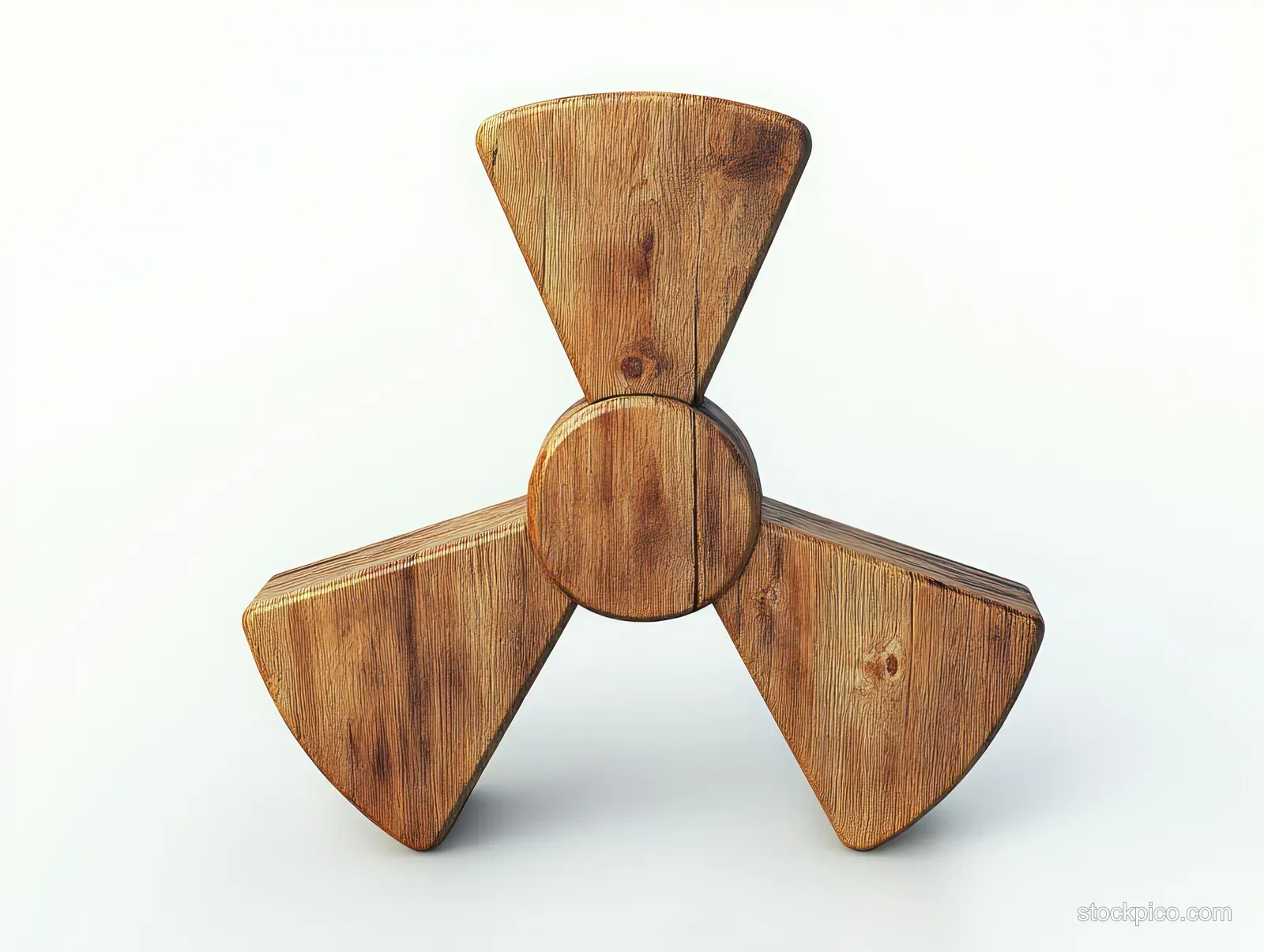 Centered wooden radiation warning trefoil symbol carved with visible grain on a pale softly lit background.