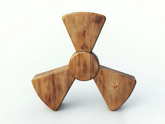Centered wooden radiation warning trefoil symbol carved with visible grain on a pale softly lit background.