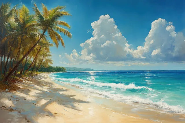 Tropical beach shoreline with palm trees and turquoise waves under bright cloud-filled sky