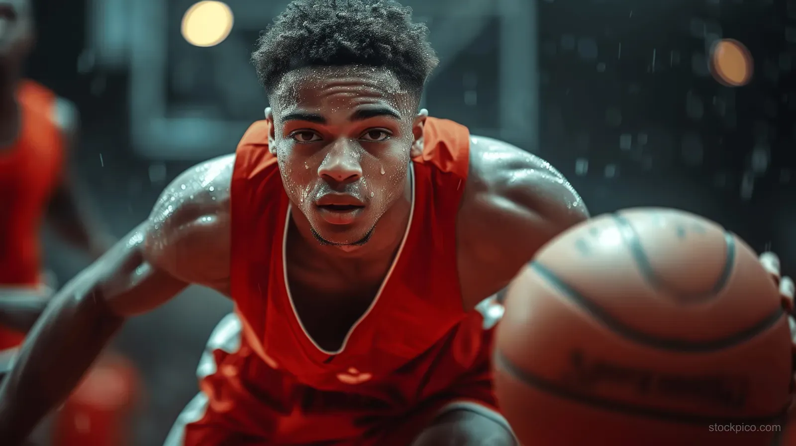 Young male basketball player in a red jersey dribbling on an indoor court under bright lights.