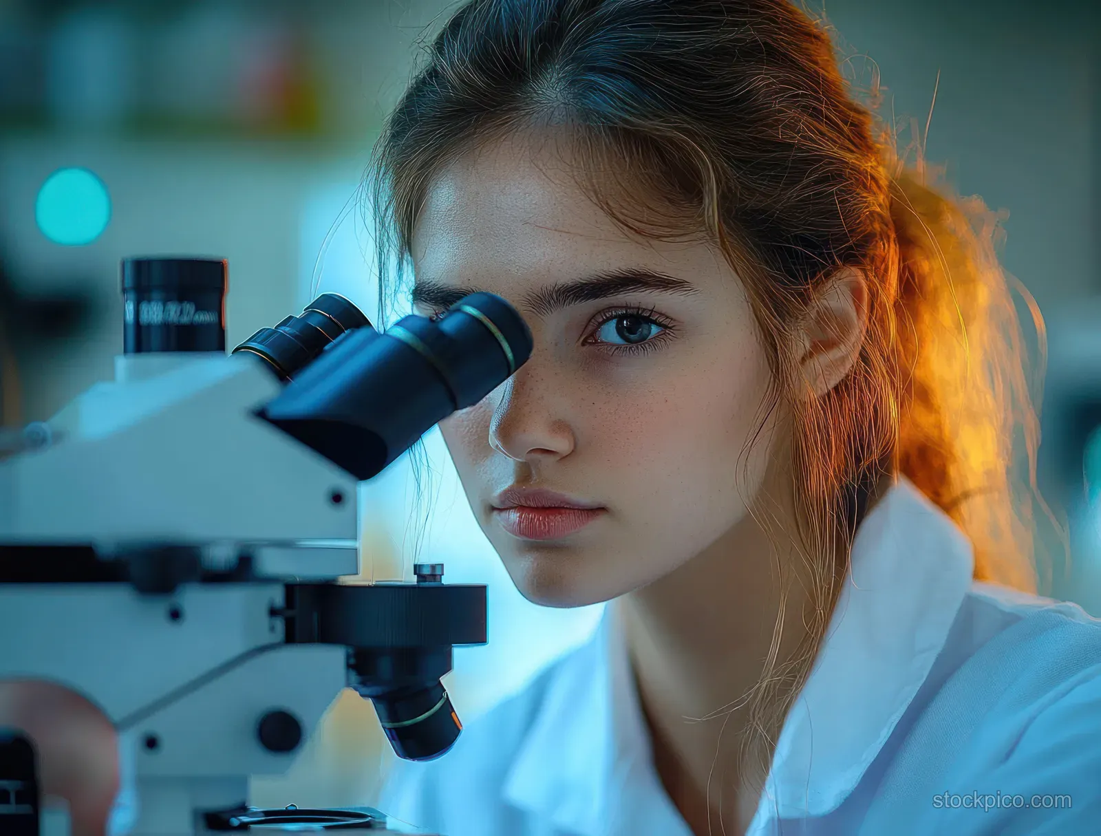 A young woman in a white lab coat peers through a microscope inside a softly lit laboratory.