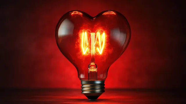 A heart-shaped light bulb glows warm red in a dark studio, showing the filament and glass reflections.
