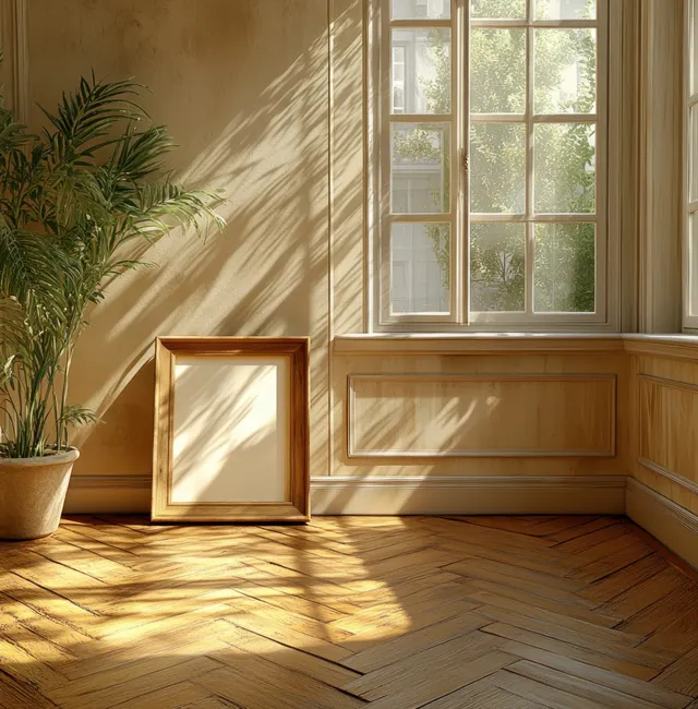 Minimalist wooden picture frame leaning on a herringbone floor in a sunlit room.