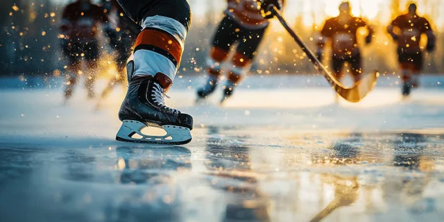 Ice hockey players skate and chase the puck on an outdoor rink under bright sunset lighting.