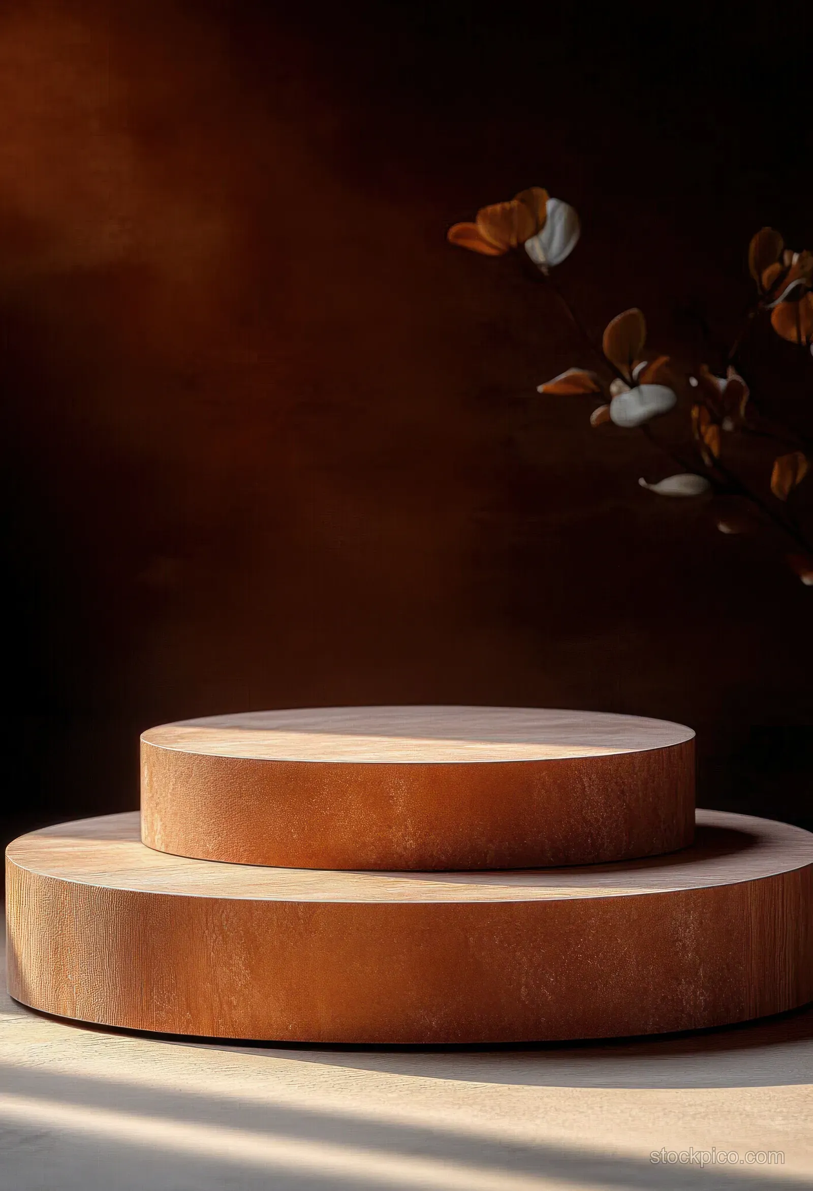 Two stacked empty round wooden platforms under soft light with dried flowers beside them on a dark brown backdrop.