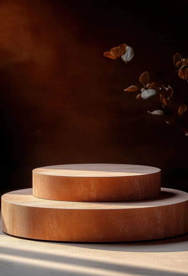 Two stacked empty round wooden platforms under soft light with dried flowers beside them on a dark brown backdrop.