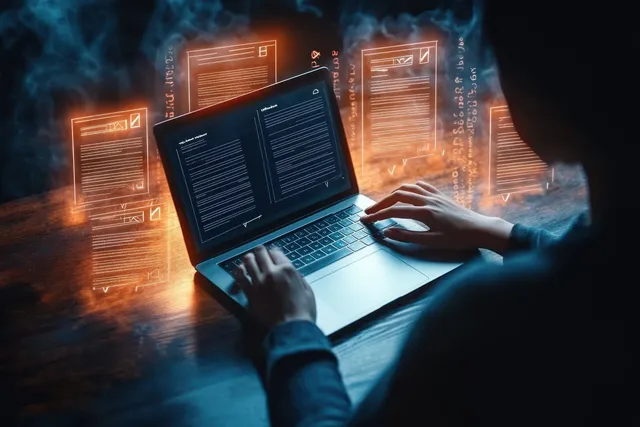 A person reviews candidate resume information on a laptop with glowing hiring dashboards in the background.