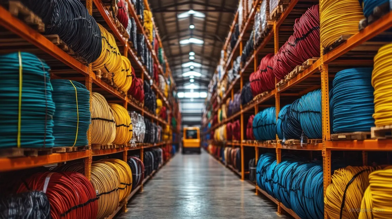 Colorful cable reels are stored on metal shelves in a warehouse aisle with a forklift visible in the distance.