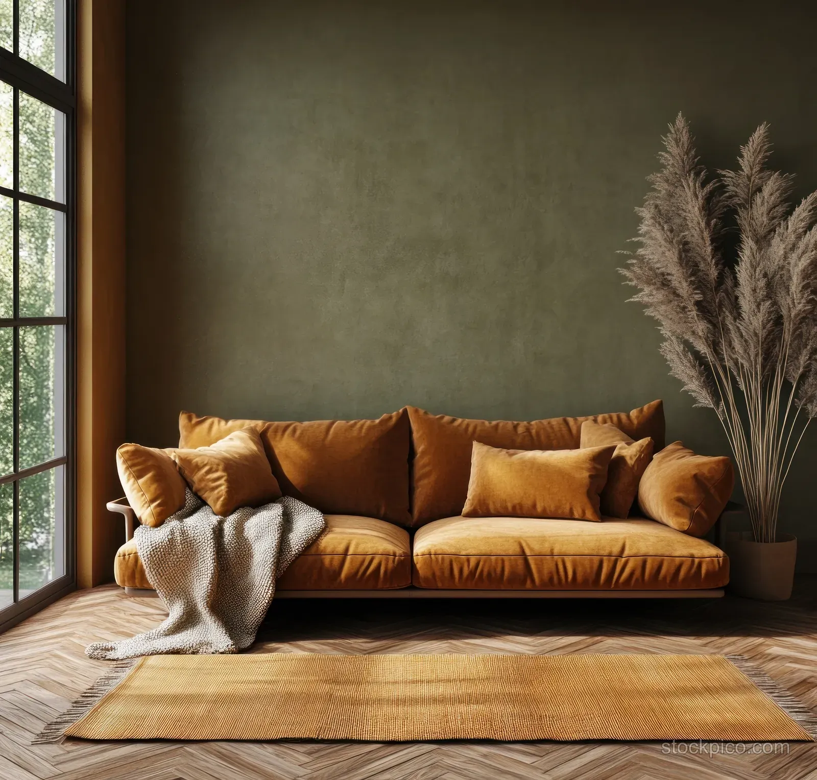 Brown sofa sits against a muted green wall beside a window, with a textured rug and pampas grass in the corner.
