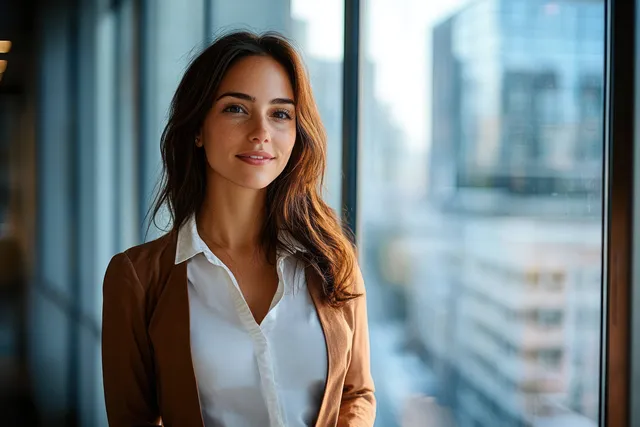 Contemplative businesswoman using a touchpad by office window with city skyline light
