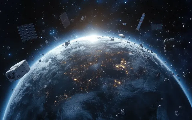 Earth with orbiting satellites and scattered space debris illuminated by blue-white lights.