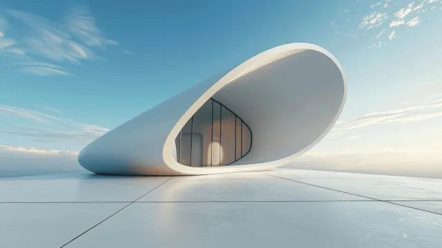 A futuristic white oval building entrance with a curved concrete floor and blue sky in the background.
