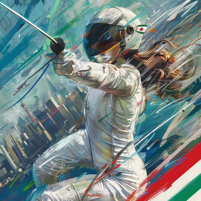 Italian modern pentathlete fencing in Tokyo Olympics scene with motion-blur foil