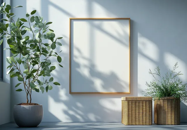 Blank framed artwork on a white wall beside potted green plants and woven storage boxes under sunlight shadows.