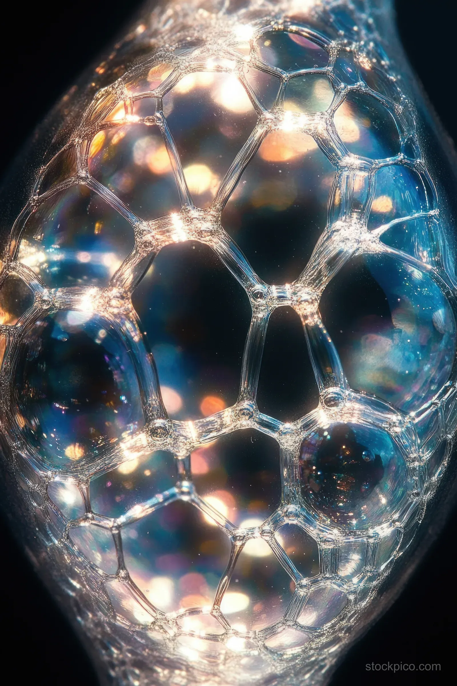 Close-up of connected iridescent soap bubbles with hexagonal patterns on a dark background.