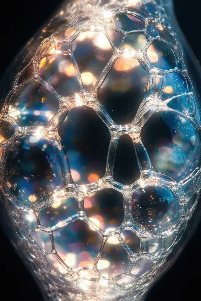 Close-up of connected iridescent soap bubbles with hexagonal patterns on a dark background.