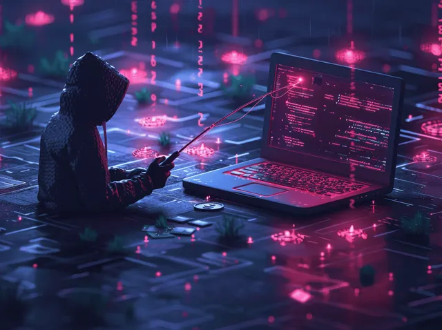Hooded hacker at a neon laptop surrounded by glowing phishing and malware symbols in a server room.