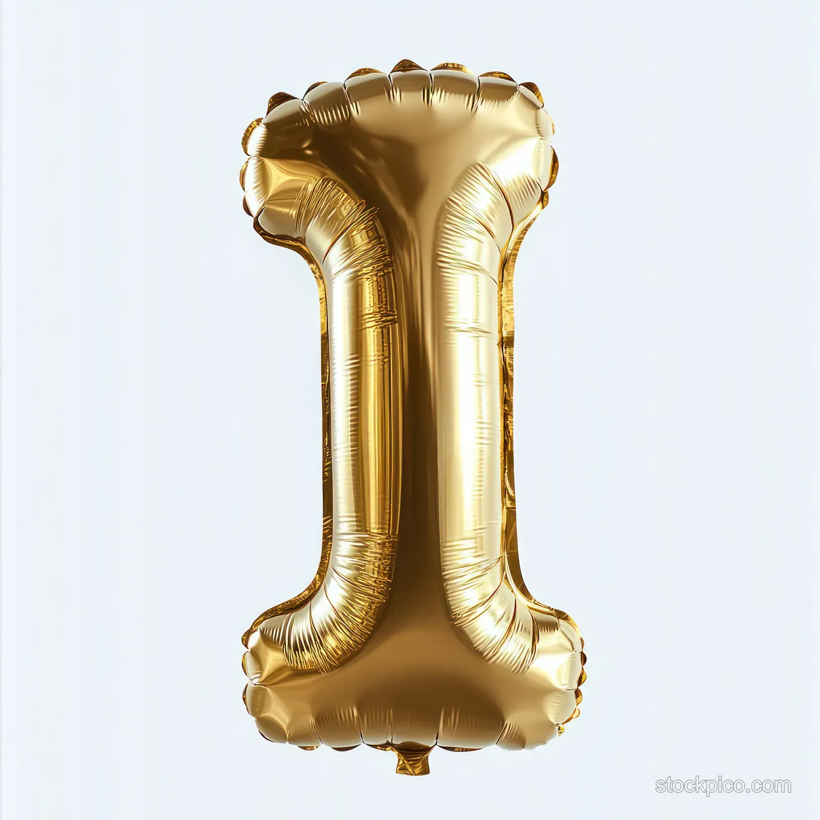 A shiny gold number one foil balloon isolated on a white background with soft highlights.