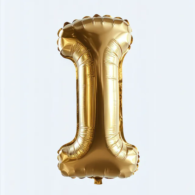 Gold metallic number one balloon standing upright on clean white background