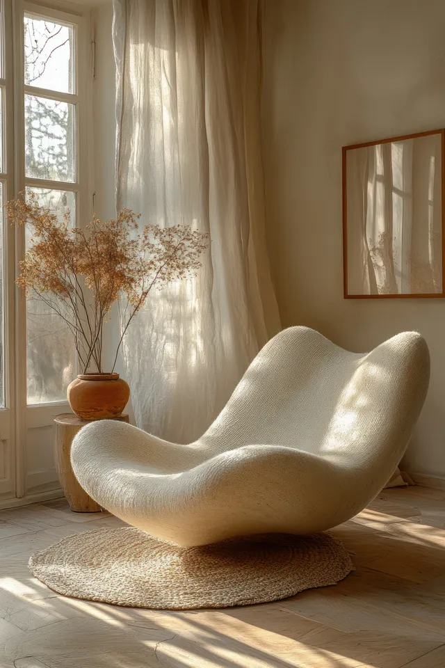 White sofa sits on a light rug beside sunlit sheer curtains and warm wooden parquet flooring.