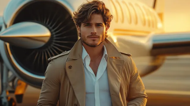 Confident man in trench coat posing by jet airplane engine at golden hour