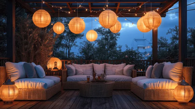 Wicker sofas with white cushions on a dusk terrace beneath glowing lanterns and string lights.