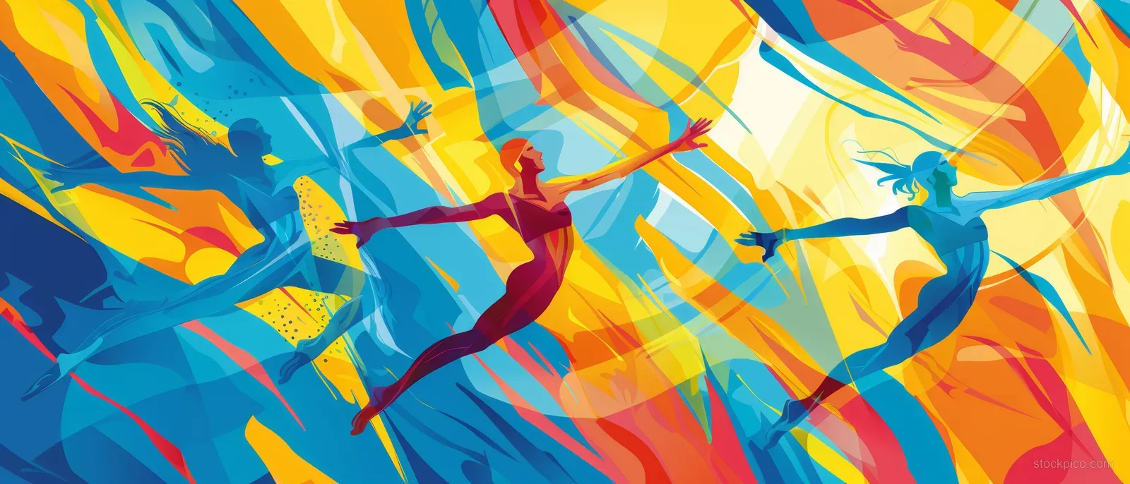 Synchronized swimmers dive through splashing water beneath swirling blue and yellow motion ribbons.