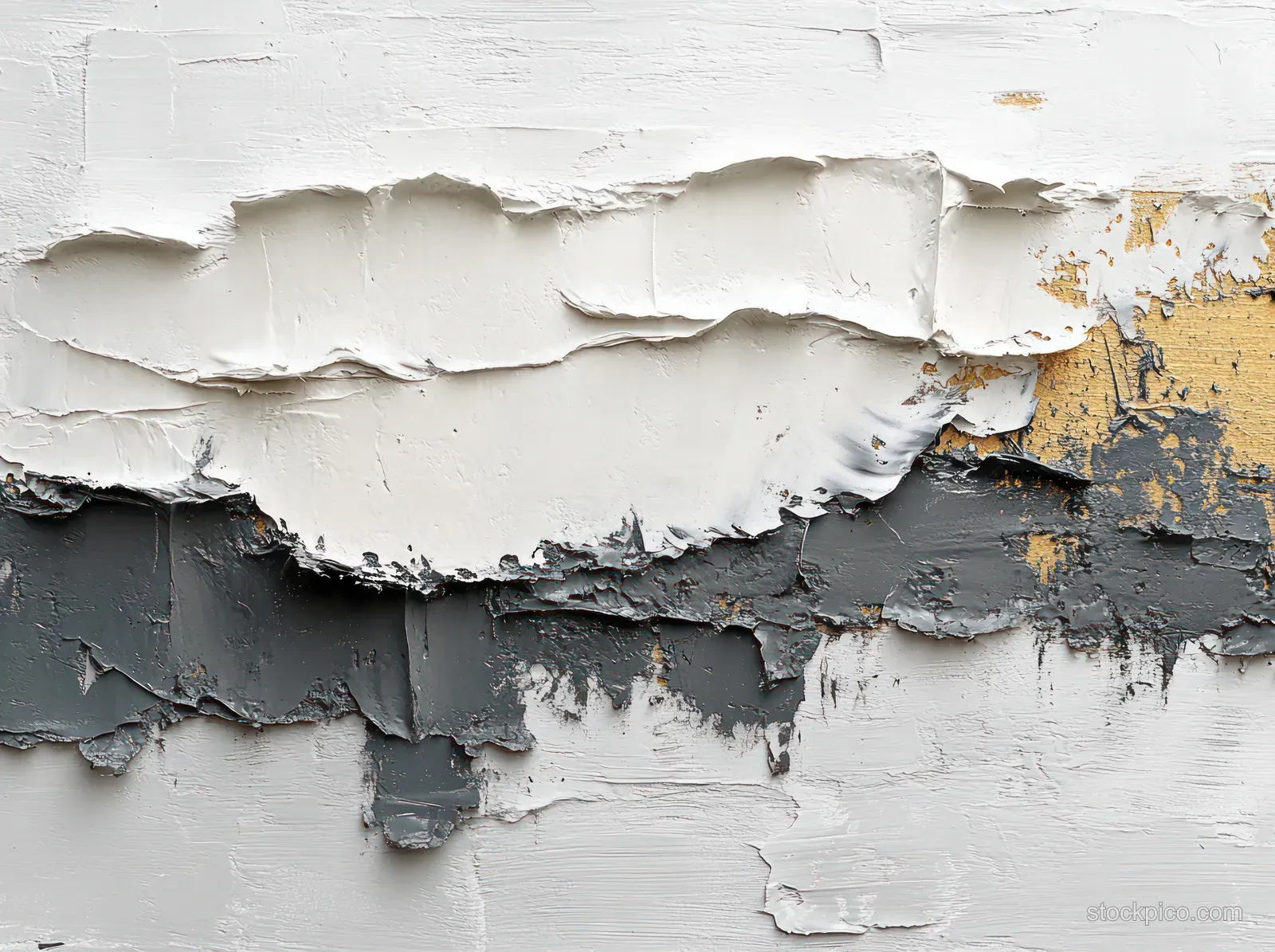 Close-up of peeling white plaster wall revealing gray patches and rough scraped texture.