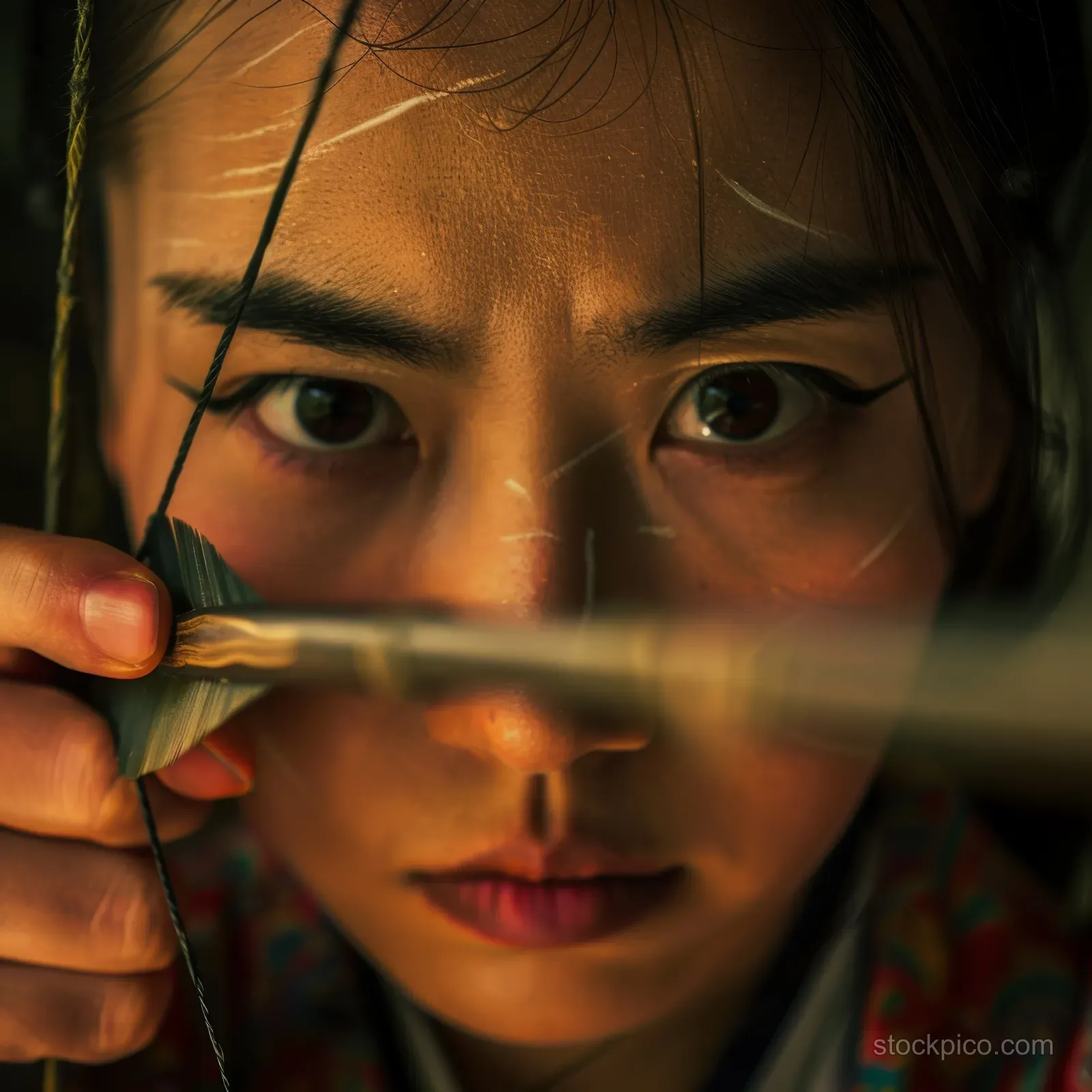 A Chinese female archer draws her bow in a tight close-up with a blurred arrow across her face.
