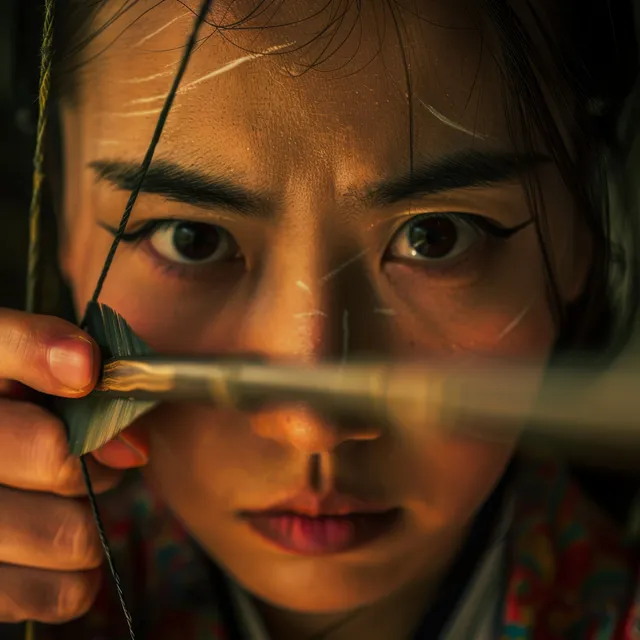 A Chinese female archer draws her bow in a tight close-up with a blurred arrow across her face.