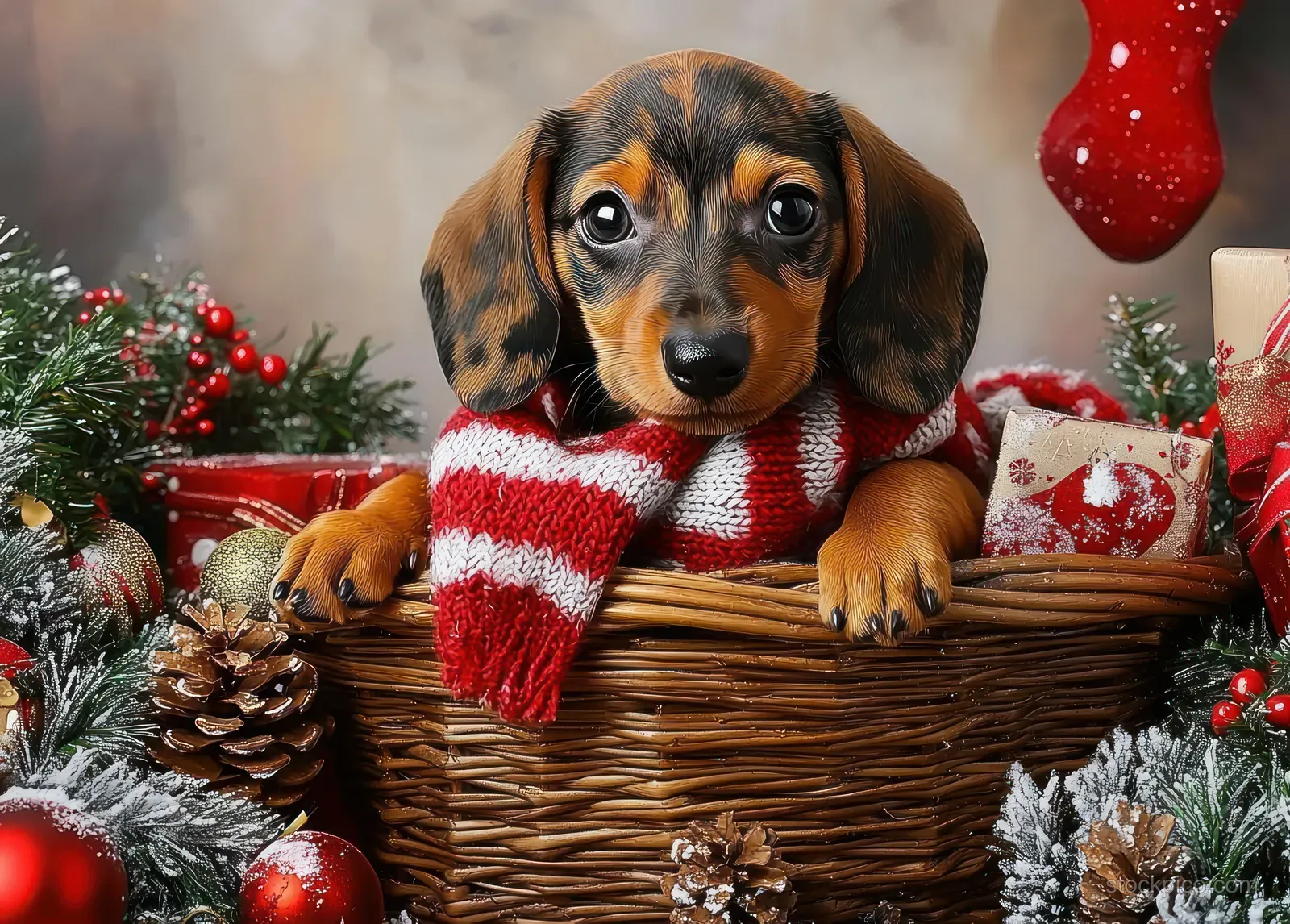 A dachshund puppy in a wicker basket wearing a red-and-white striped scarf among Christmas decorations and gifts.