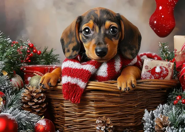 A dachshund puppy in a wicker basket wearing a red-and-white striped scarf among Christmas decorations and gifts.